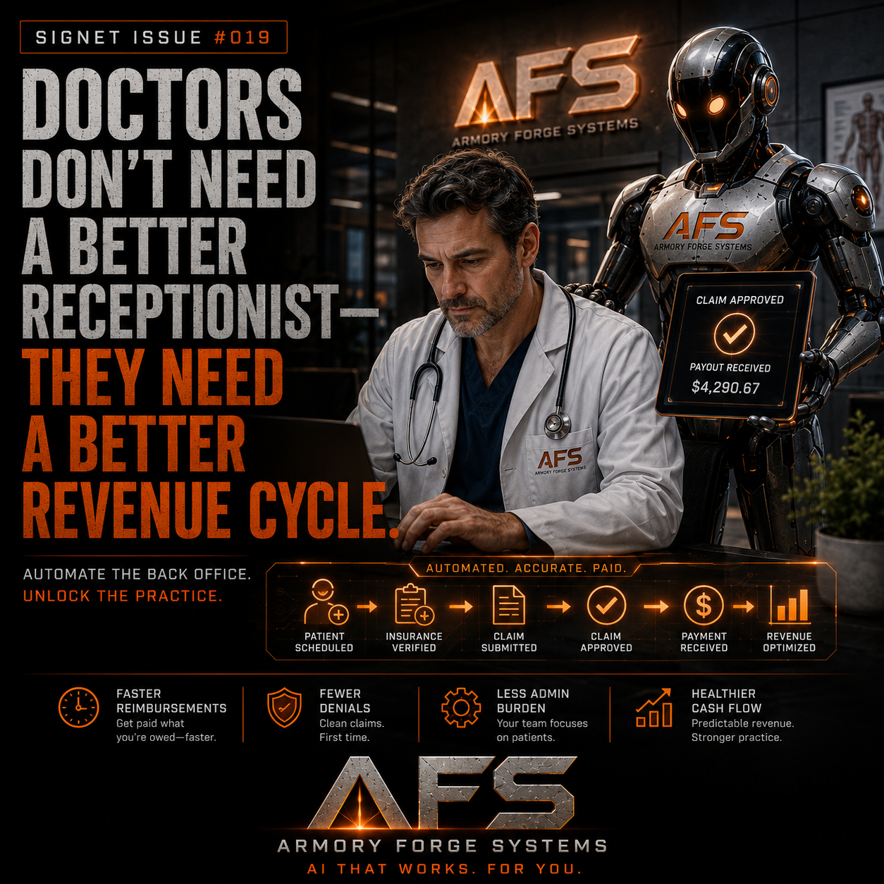 A medical practice front desk buried in paperwork while the phones ring — the revenue cycle, not the receptionist, is the bottleneck