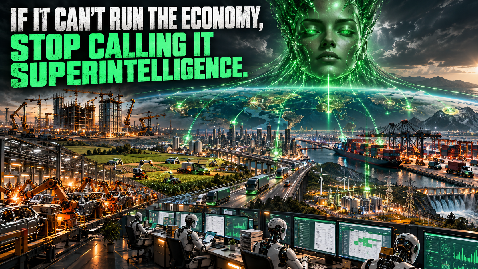 The Kree Supreme Intelligence &mdash; a giant green head that runs an empire &mdash; set beside the ordinary work AI actually does for a small business