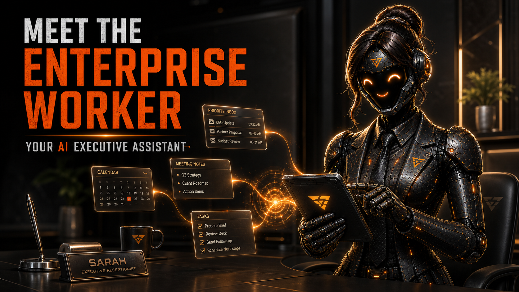 An AI executive assistant organizing a business owner's day — calendar, inbox, and decisions all handled by one enterprise worker