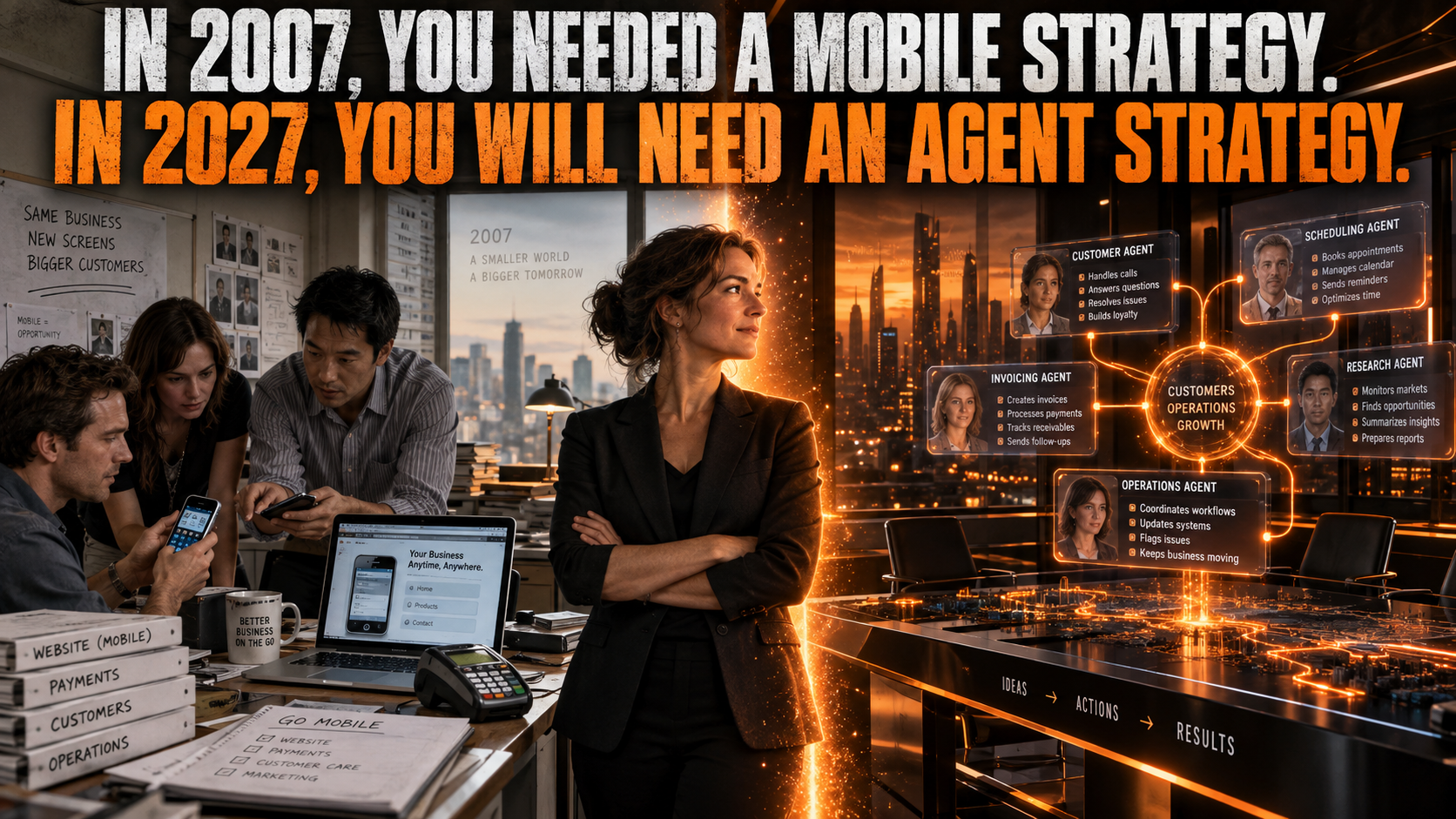 Two eras side by side: a 2007 mobile strategy on one side, an agent strategy for 2027 on the other