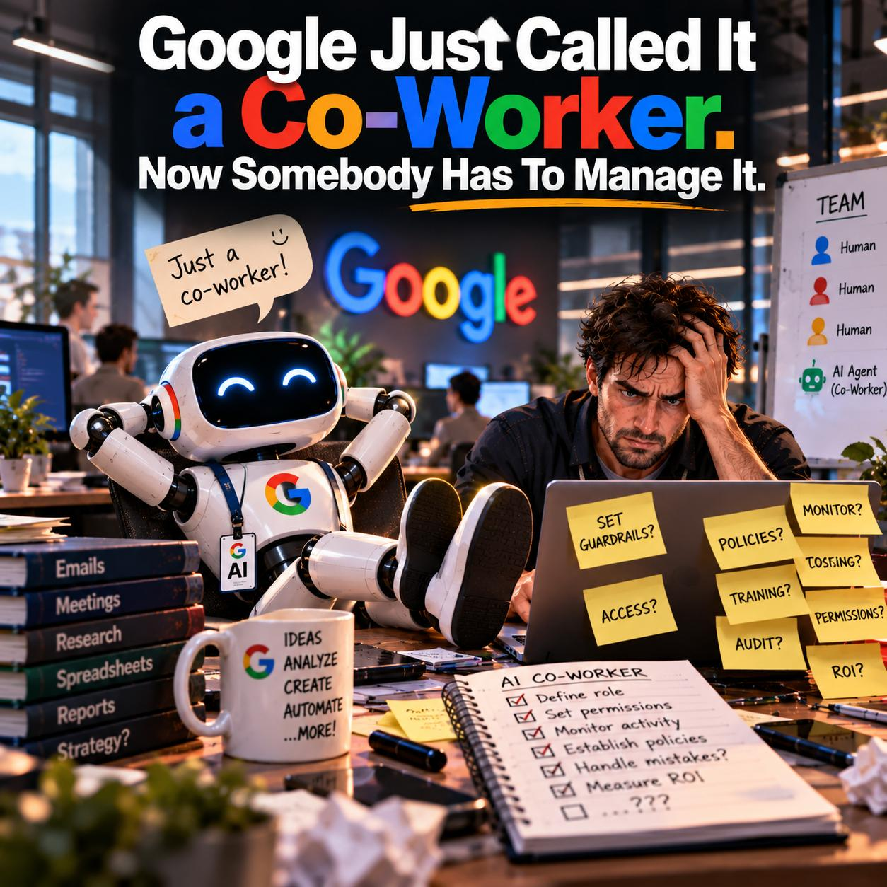 A Gemini agent seated at a desk as a co-worker with its own email address and audit trail &mdash; given objectives, not instructions, with the management decision still to be made