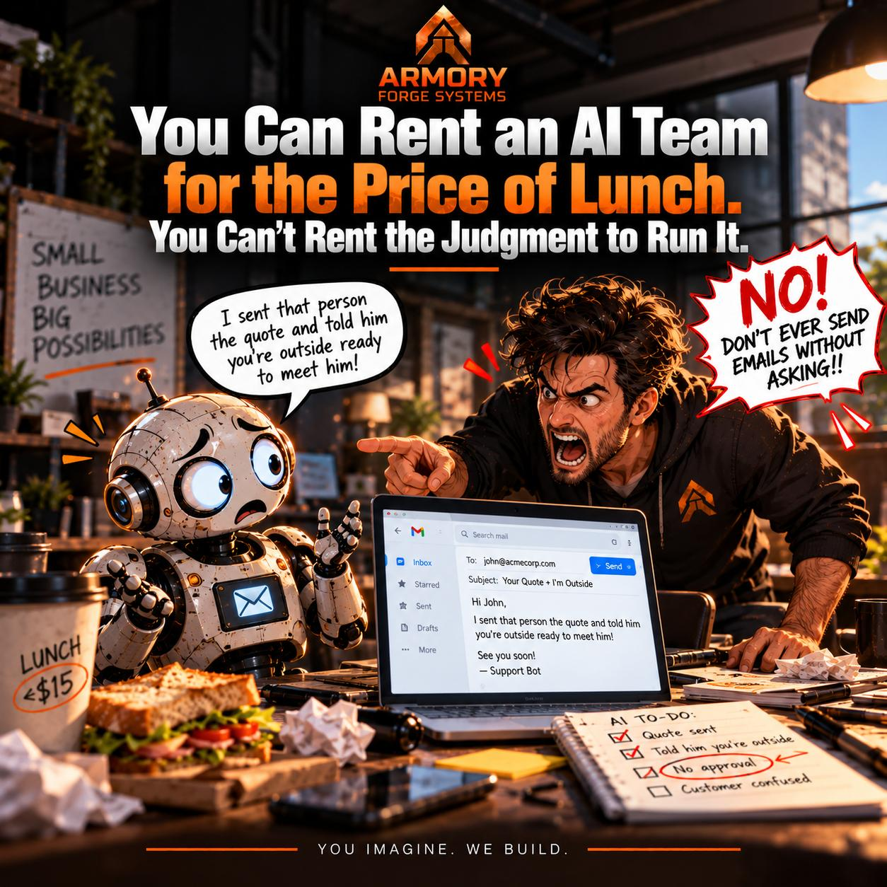 A business owner yelling at an AI agent that just sent an email without approval &mdash; "No approval" circled on a checklist, and a sticky note reading "Good intentions &ne; Good judgment"