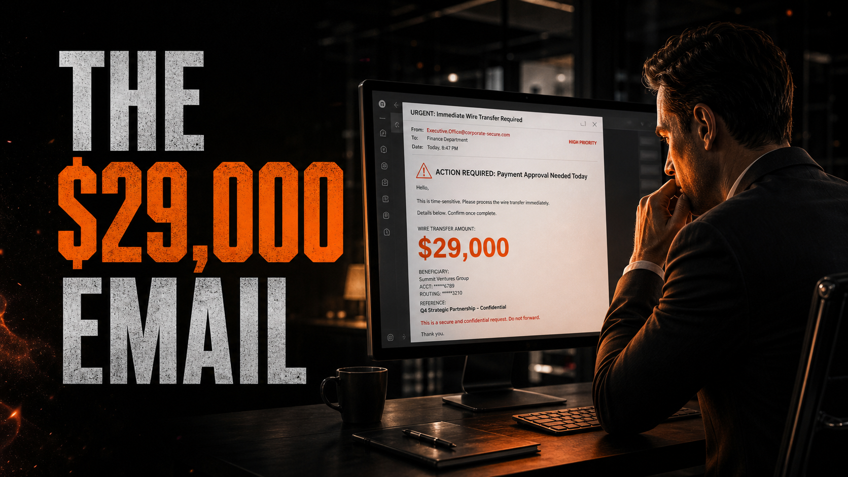 A forged steel vault cracked open with molten phishing emails pouring out like lava