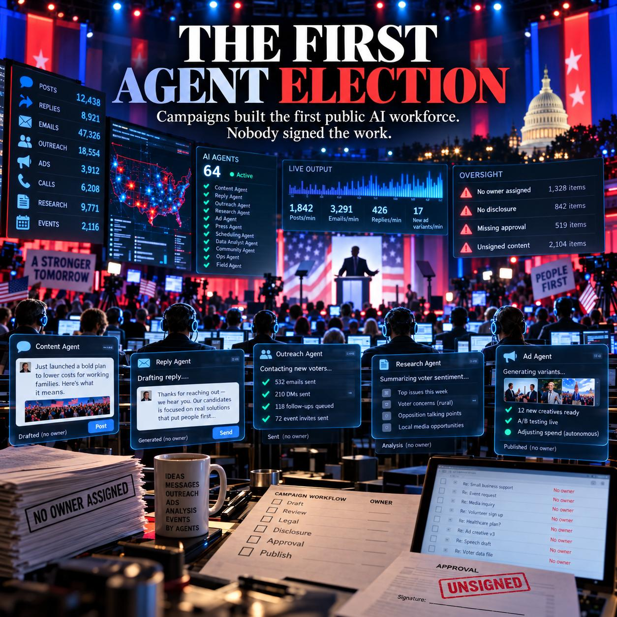 A campaign headquarters run by AI agents handling outreach, replies and research, with warnings on the wall reading no owner assigned and unsigned content
