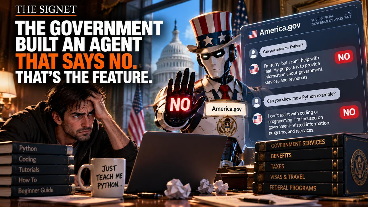 An AI agent standing at the front door of a federal building, confidently handing visitors the right doorway &mdash; one source of truth, one job, and a clear boundary