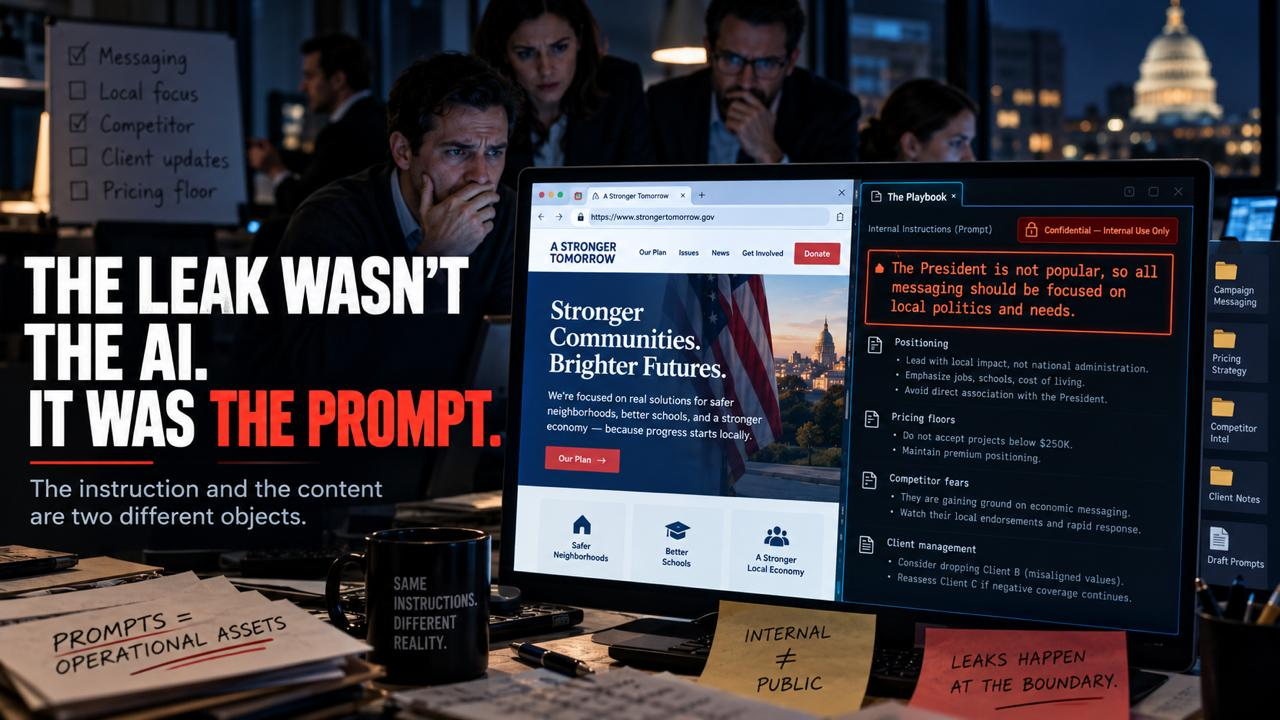 Two screens &mdash; a polished public campaign page on one, confidential internal messaging instructions on the other
