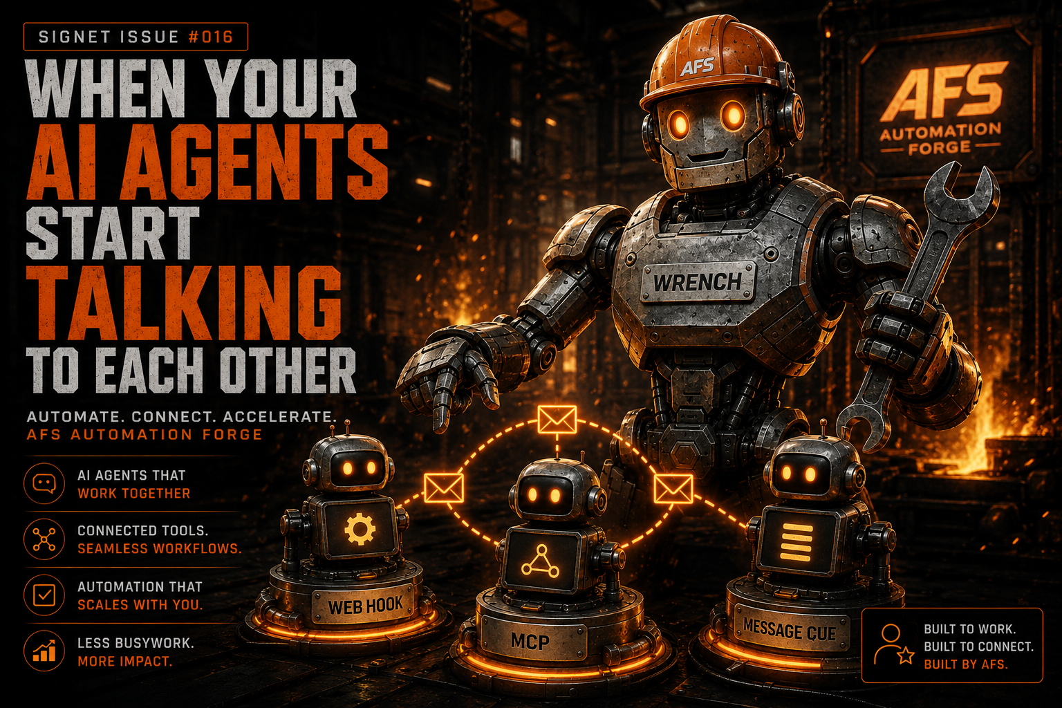Two AI agents passing work between them, connected — a workforce that never sleeps