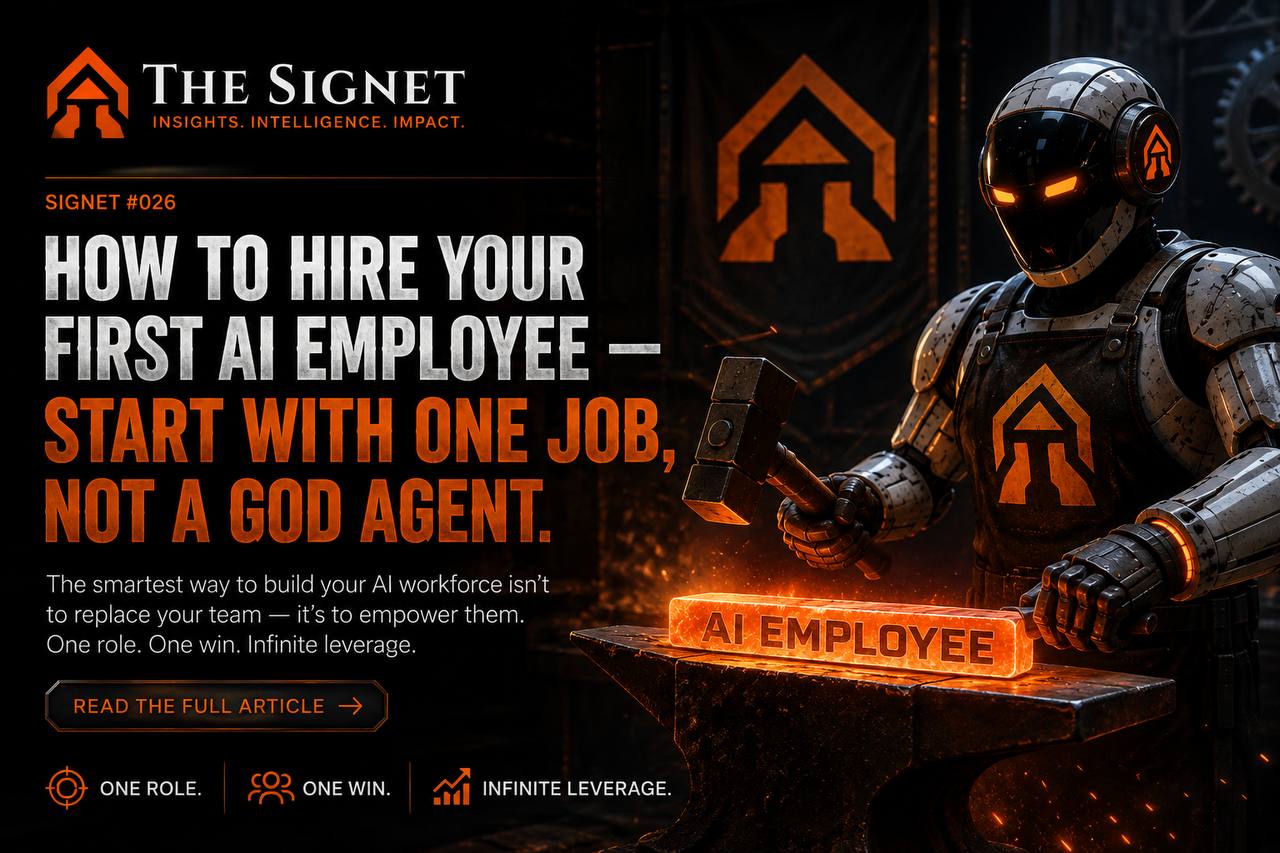 Signet #026 — How to Hire Your First AI Employee — Start With One Job, Not a God Agent. Click to read the full article.
