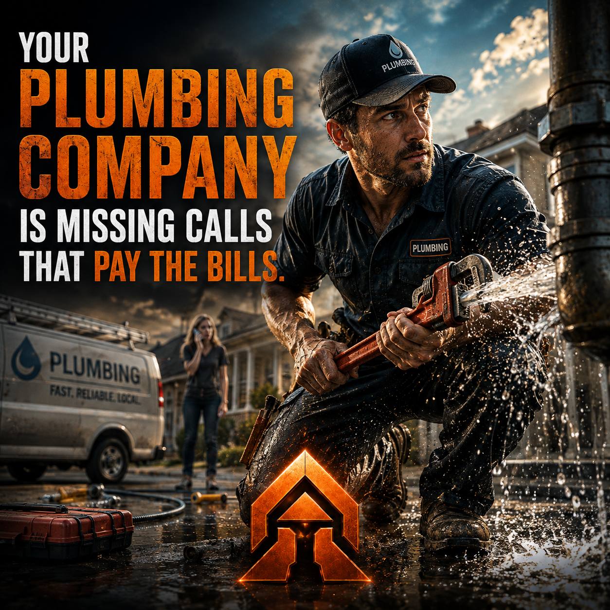 A plumbing company front counter with a ringing phone while the owner works under a house — every missed call is an emergency that rolls to the competition